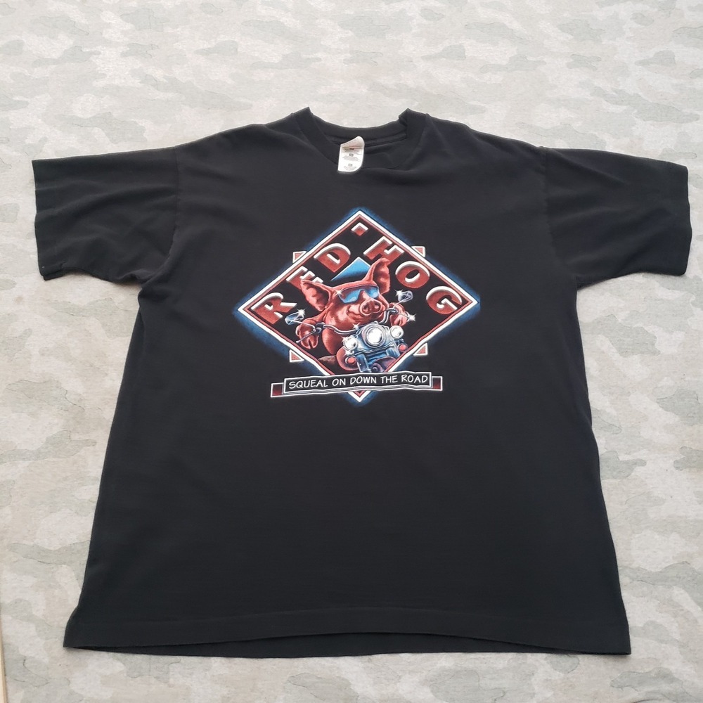 Vintage Fruit Of The Loom Shirt Mens XL Black Red Hog Short Sleeve Single Stitch